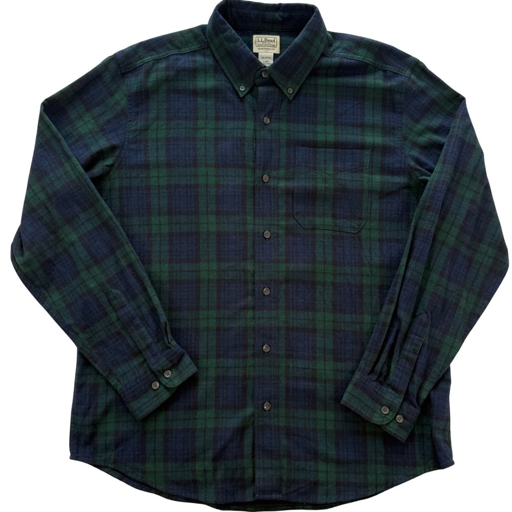 LL Bean Mens Flannel Shirt Large Black Watch Plaid Cotton Traditional Fit tartan